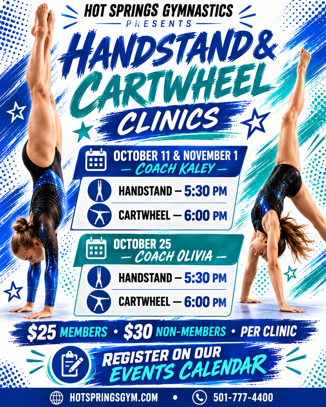 A colorful gymnastics event poster with images of two gymnasts performing handstand and cartwheel, featuring event details for Hot Springs Gymnastics' clinics on October 11, November 1, and October 25, with schedules and coach names, in blue, teal, and white colors.
