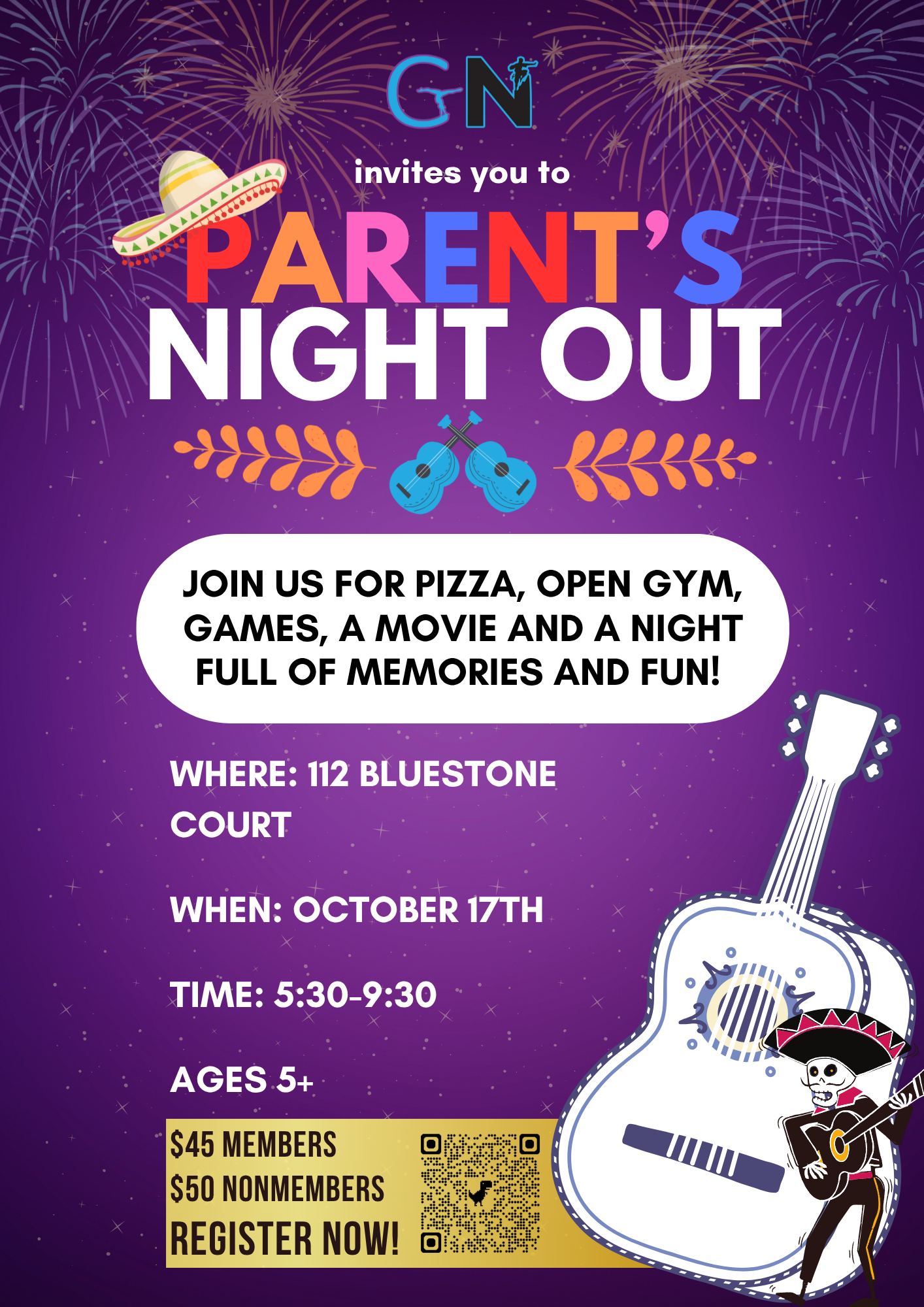 Flyer for a parent's night out event featuring a blue background with a cartoon dinosaur and a QR code. Event details include date, time, location, and pricing for members and non-members.