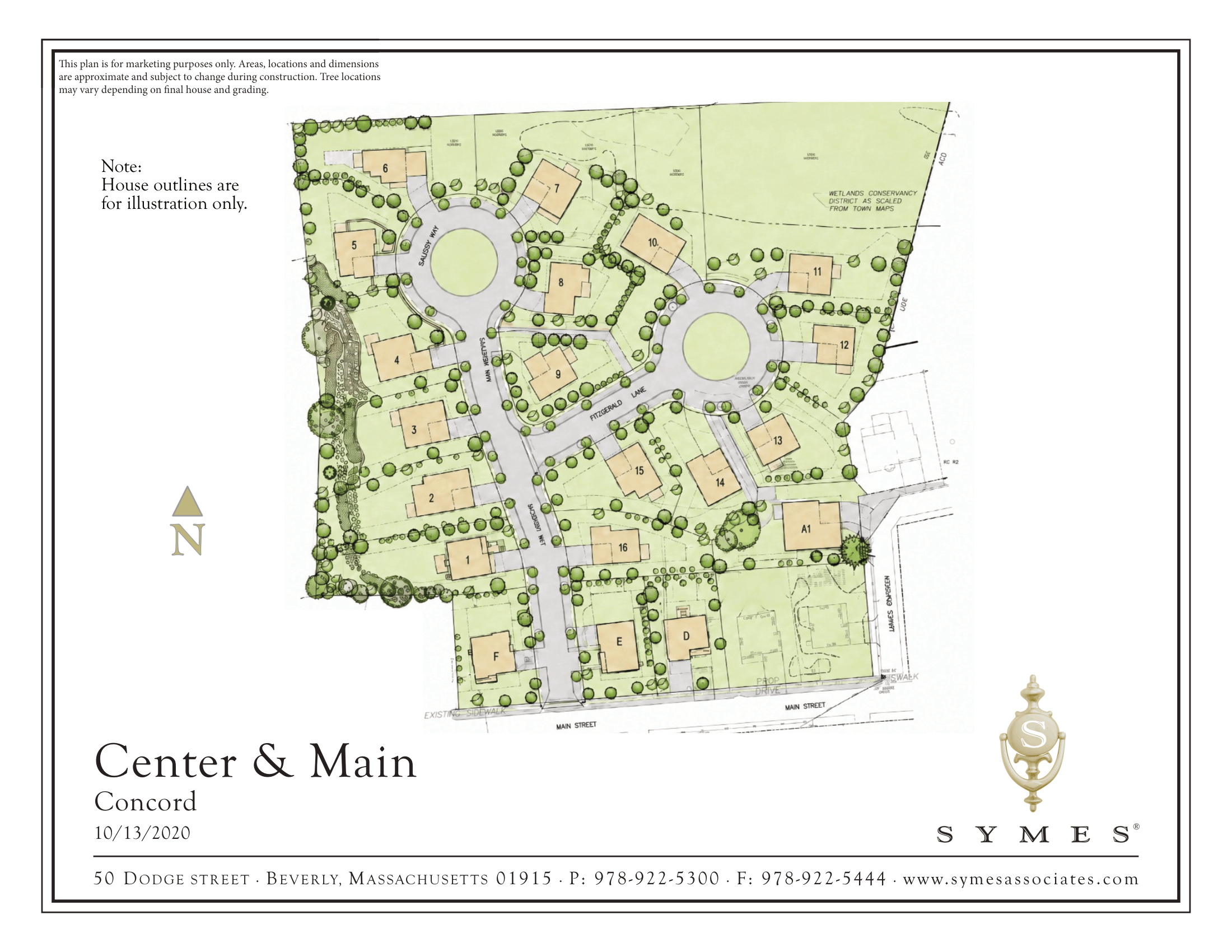 A colored site plan map labeled "Center & Main" showing residential buildings, roads, and greenery in Concord, Massachusetts, with notes about construction and landscaping.