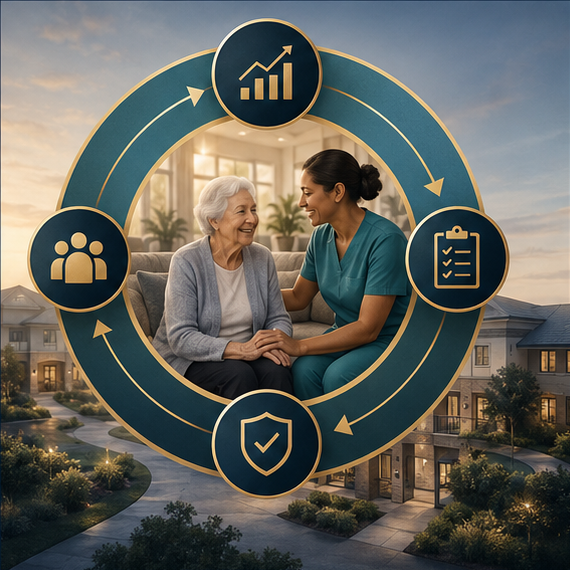 Continuous improvement loop connecting leadership, quality, accountability, and resident-centered performance.