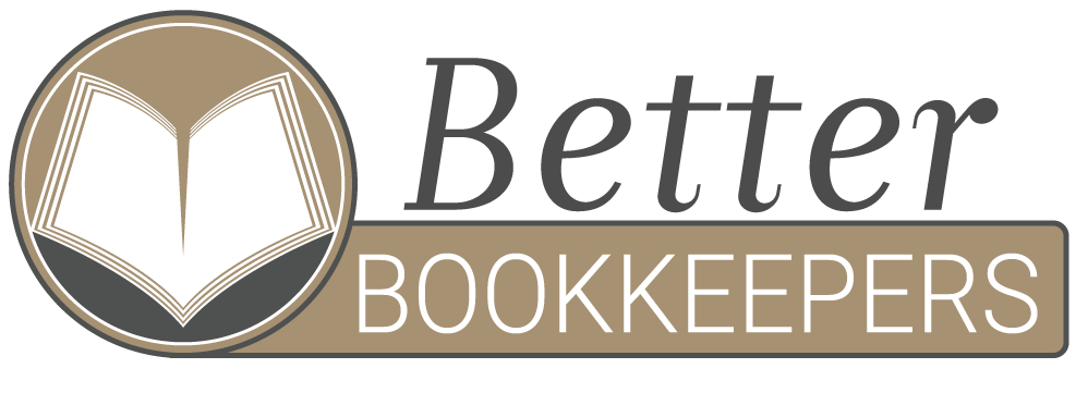 Logo for Better Bookkeepers featuring an open book icon and the text 'Better Bookkeepers' in black and beige colors.