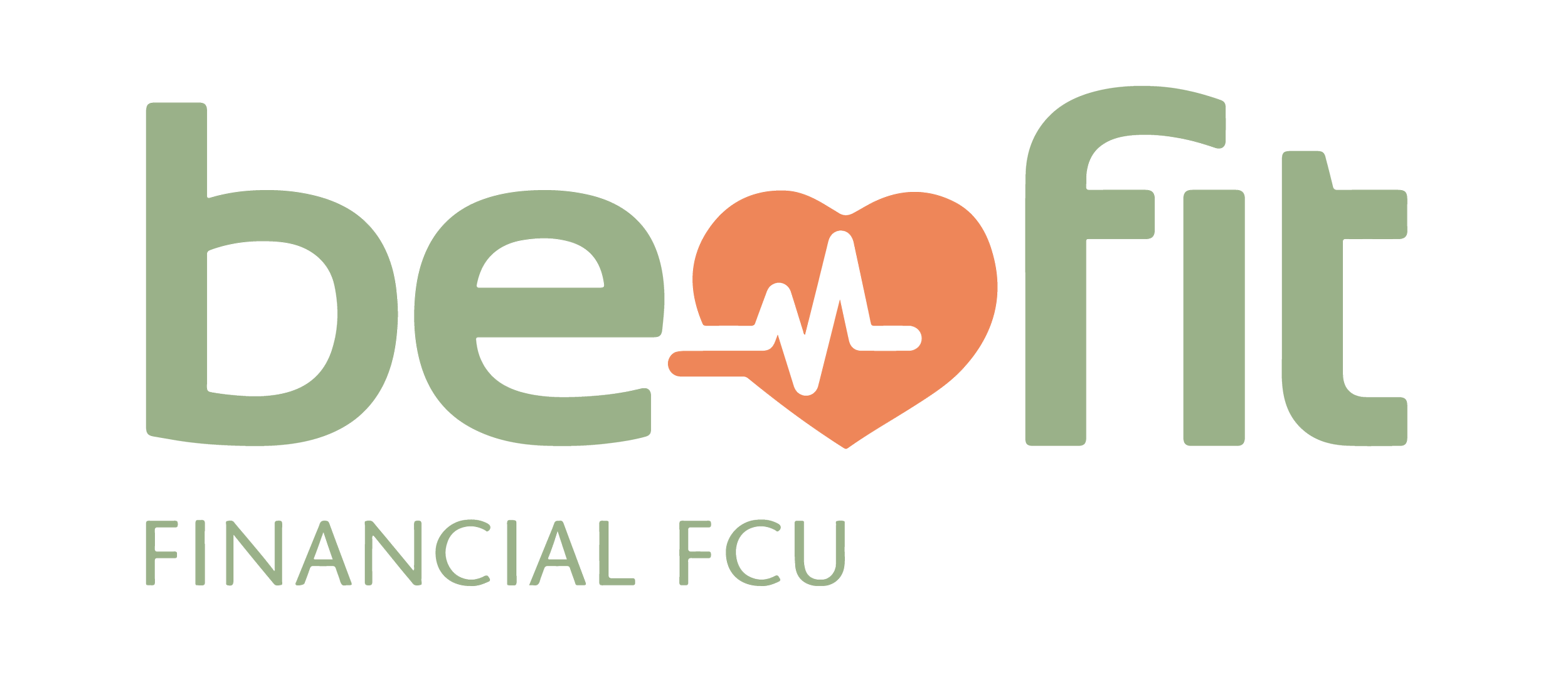 Logo with the word 'befit' in large green letters, the 'a' replaced by an orange heart with an orange electrocardiogram line inside, and the phrase 'Financial FCU' in smaller green letters below.