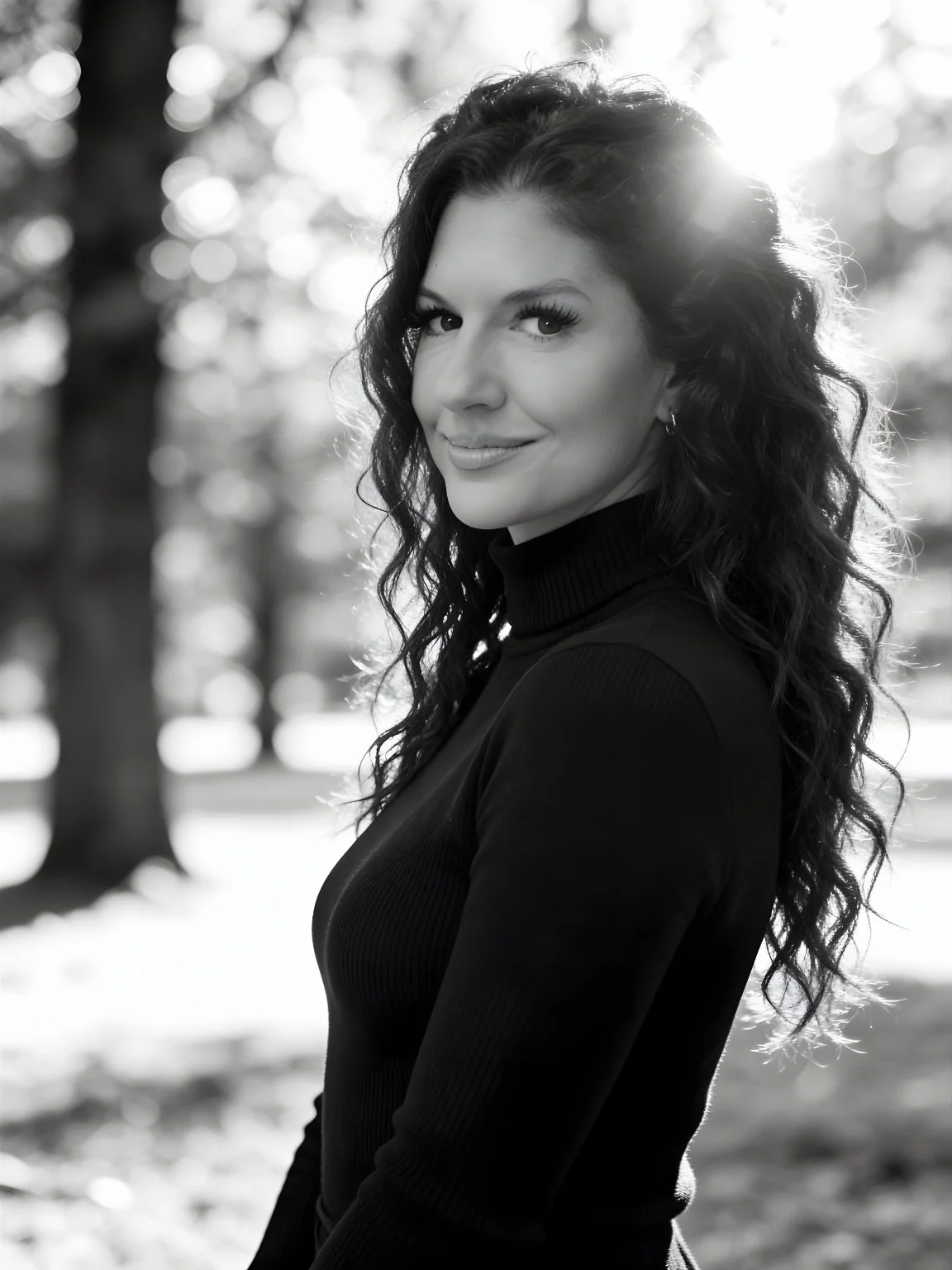 A woman with long curly hair, wearing a black turtleneck, smiling slightly outdoors with trees in the background, backlit by sunlight.