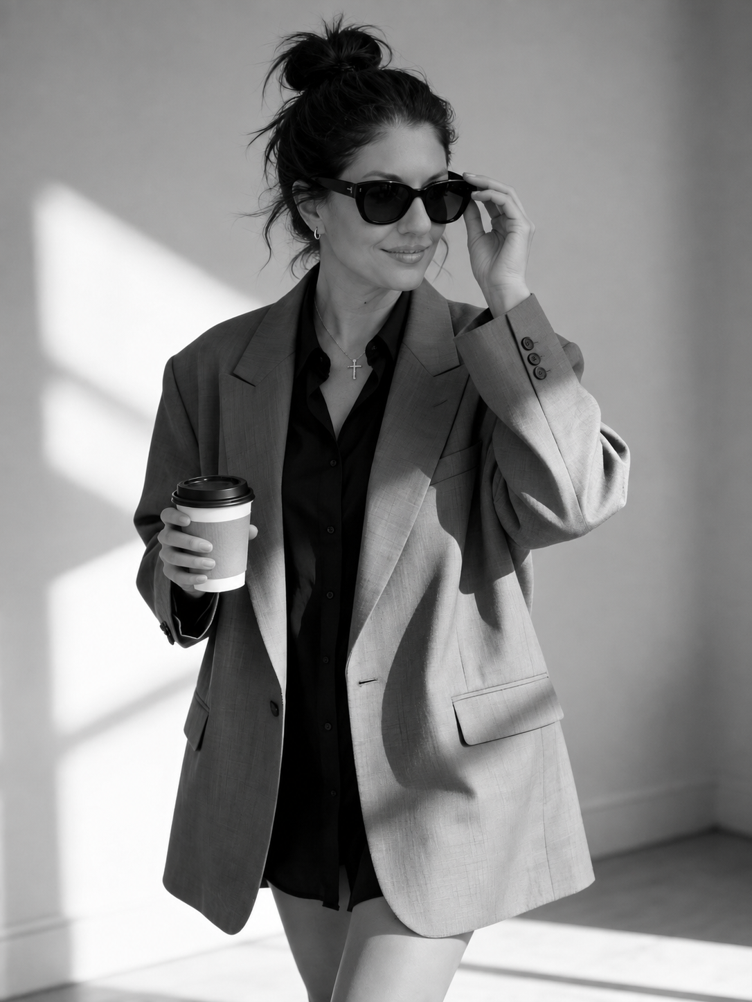 A woman wearing sunglasses, a blazer, and a shirt, holding a coffee cup, standing in front of a plain wall.