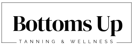 Logo for Bottoms Up Tanning & Wellness in black text on a white background.