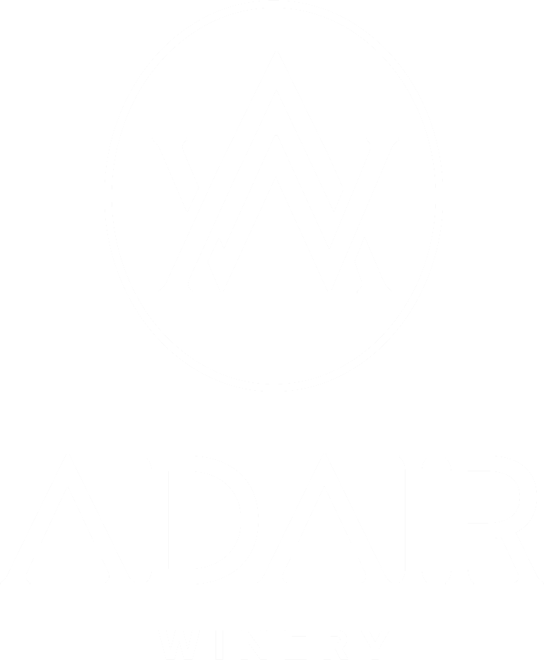 Logo for Adaire Winery featuring a stylized 'A' and 'W' inside a circle, with the name 'Adaire' and the word 'Winery' below in white on a black background.