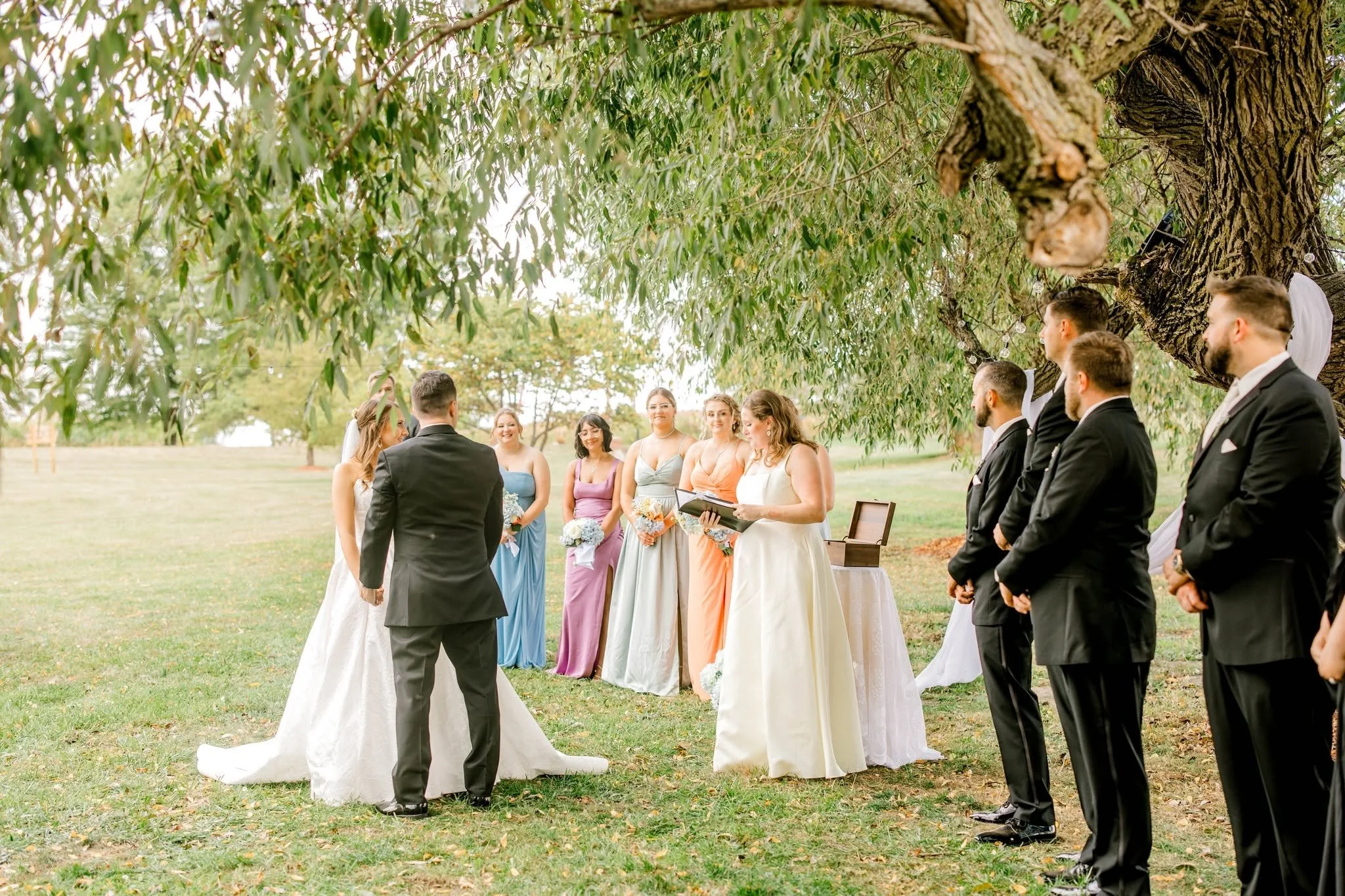 A wedding ceremony outdoors with the bride and groom standing under a large tree, surrounded by bridesmaids and groomsmen.