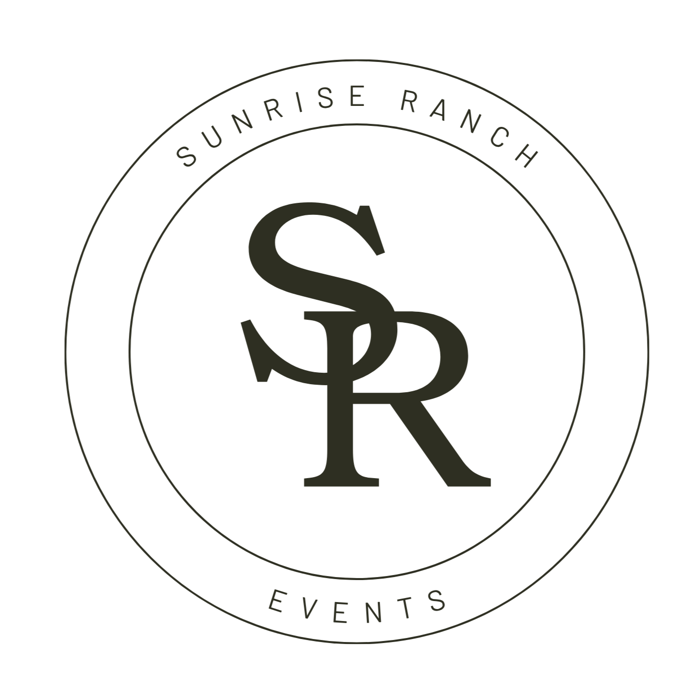 Black circular logo for Sunrise Ranch Events, featuring intertwined S and R letters in the center, with the text 'Sunrise Ranch' at the top and 'Events' at the bottom.