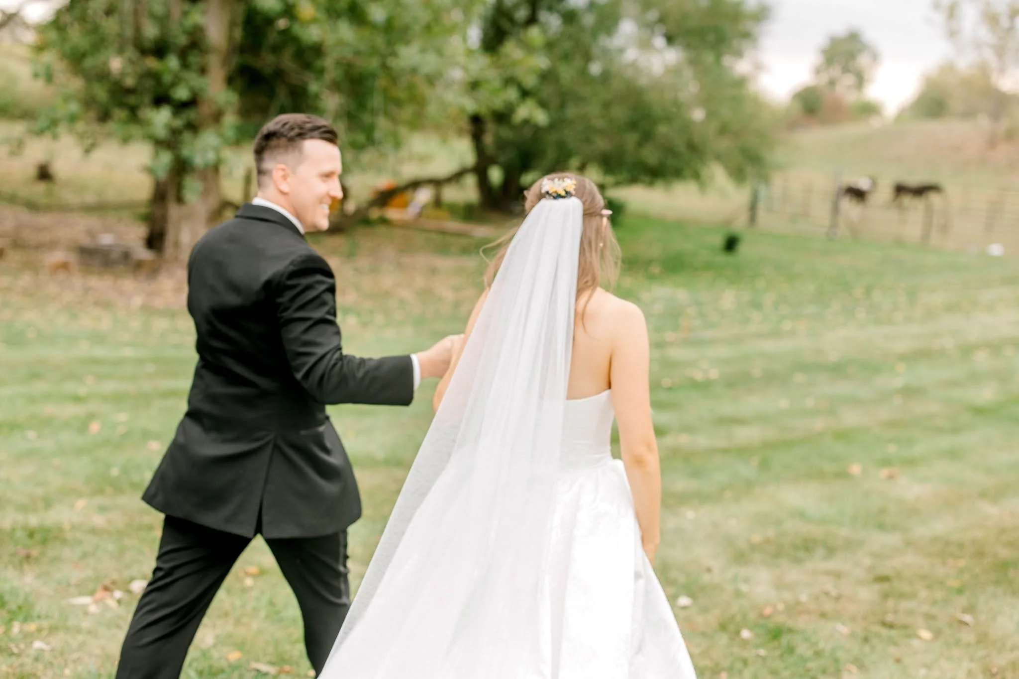 A man in a black tuxedo holding a woman's hand, who wears a white wedding dress with a veil and flower crown, outdoors with trees and grazing cows in the background.