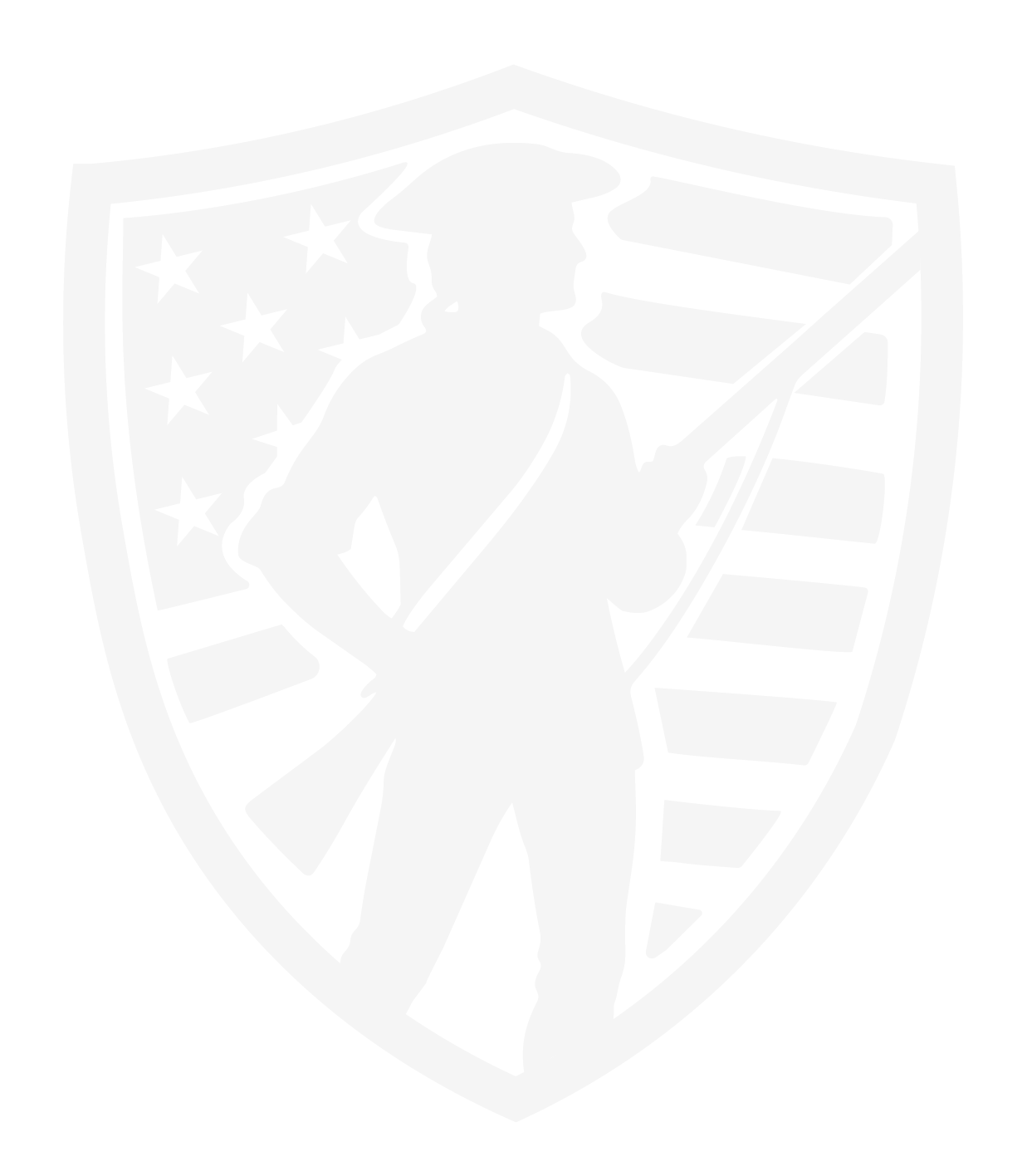 Silhouette of a soldier holding a rifle over a shield with stars and stripes, resembling a patriotic emblem.