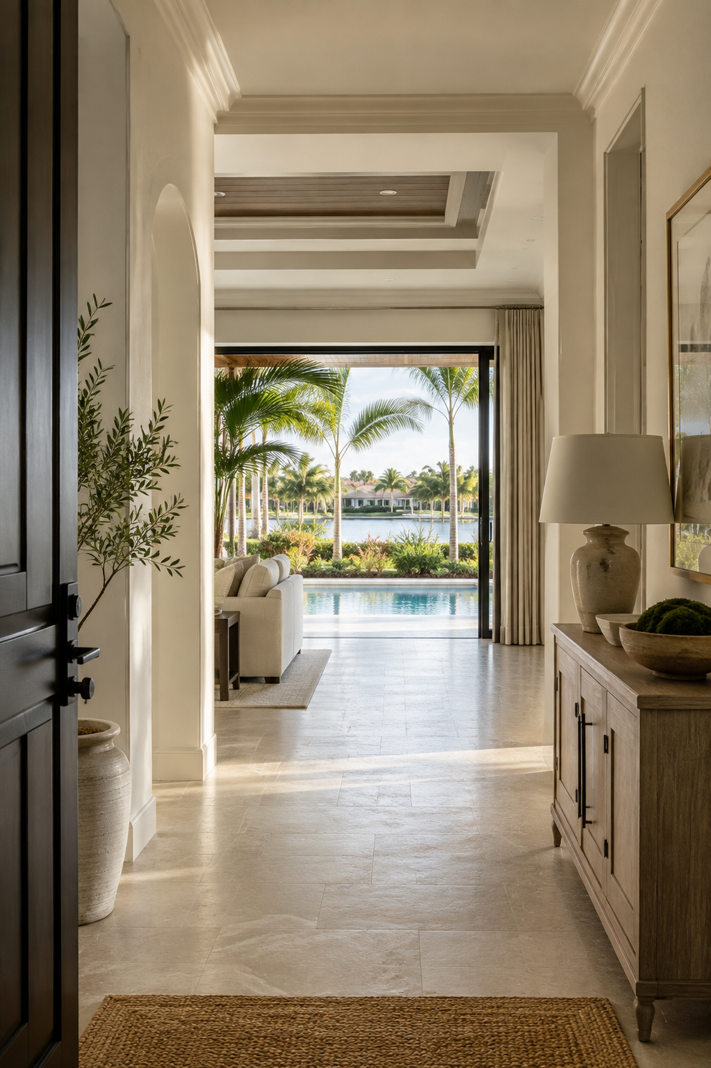 Elegant home interior with a view of a tropical backyard, palm trees, pool, and lake through sliding glass doors, decorated with neutral tones, lamps, and artwork.