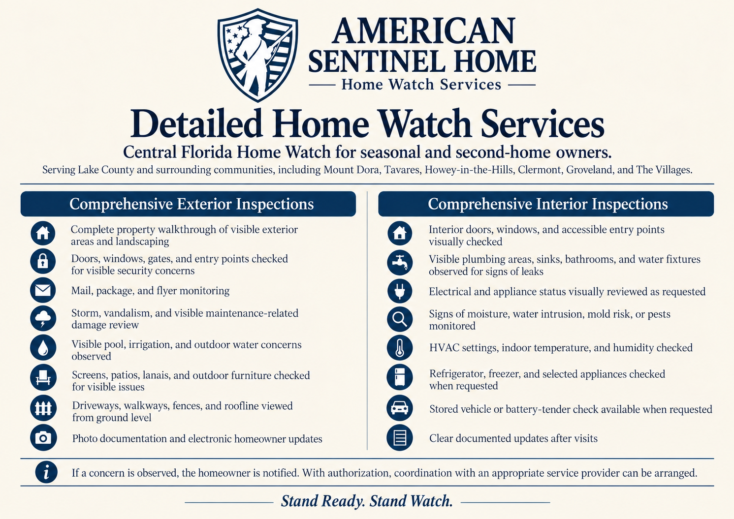 Information sheet from American Sentinel Home Watch Services detailing their comprehensive exterior and interior home inspection services in Central Florida, including property walkthroughs, security checks, plumbing, electrical, and appliance reviews.