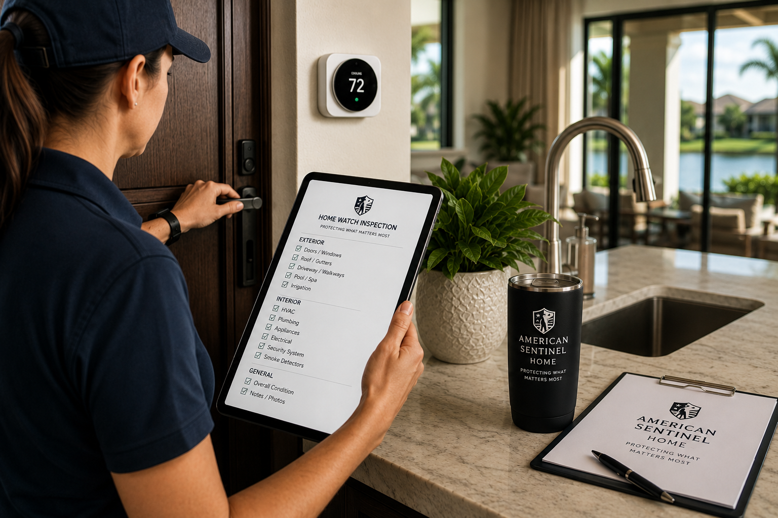 A woman in a dark uniform stands inside a house, unlocking a door while holding a tablet with a home watch inspection checklist. On the kitchen counter, there is a black tumbler with 'American Sentinel Home' printed on it, a potted plant, a clipboard with the same logo and checklist, and a pen. The background shows a bright living area with large windows and a view of a pond outdoors.