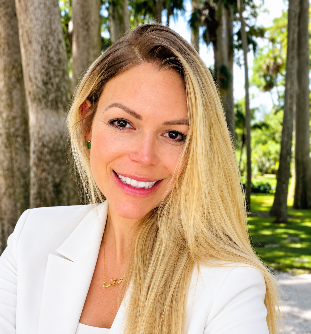 Close-up of a smiling woman with long blonde hair, wearing a white blazer and green earrings, outdoors with trees and bright sunlight in the background.