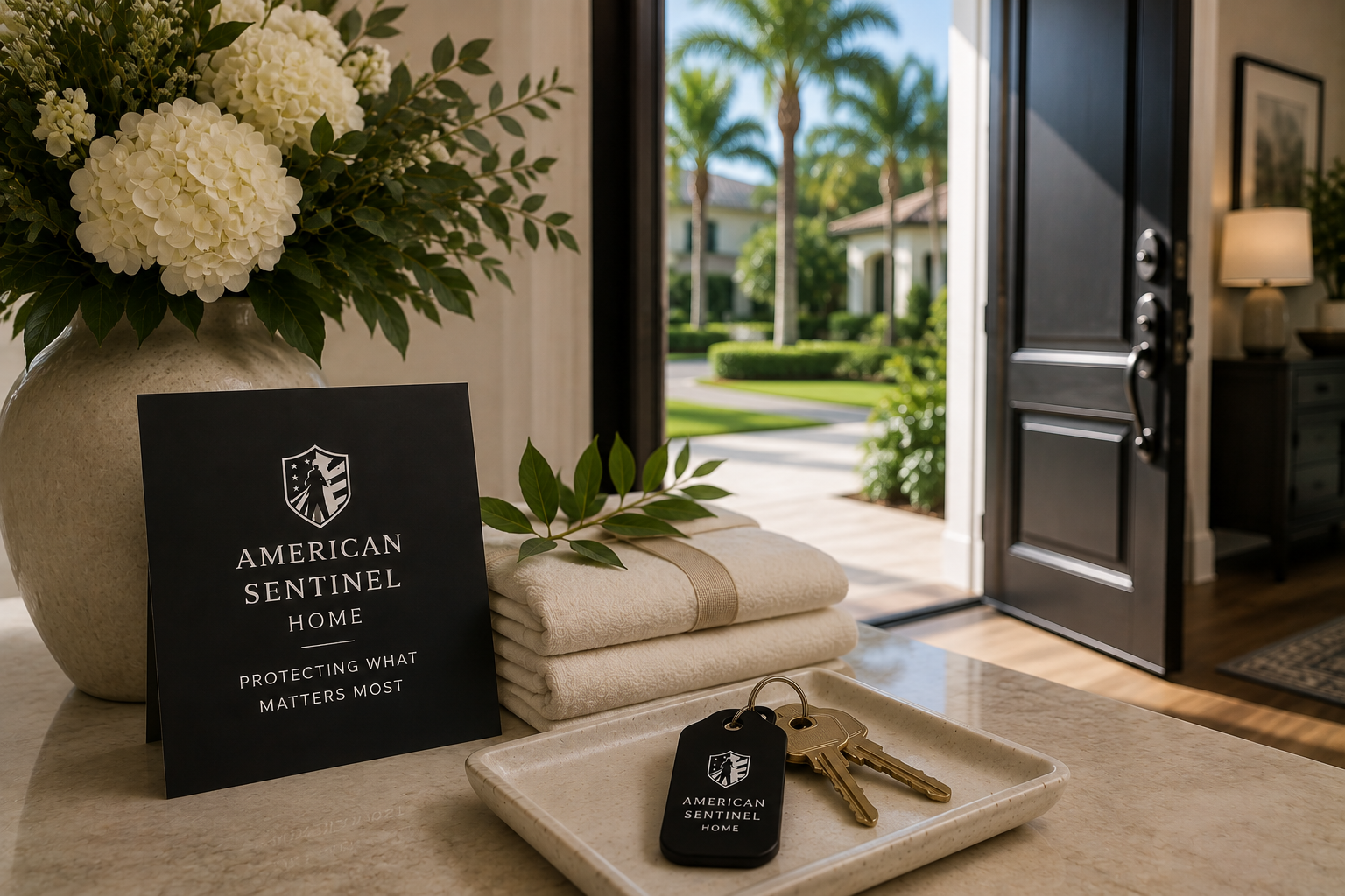 Interior view of a house entryway with a marble countertop holding a large vase with white hydrangeas, a black sign that reads 'American Sentinel Home Protecting What Matters Most,' folded towels, a greenery branch, and a set of keys with a black key fob, with the open front door leading outside to a lush, sunny yard with palm trees.
