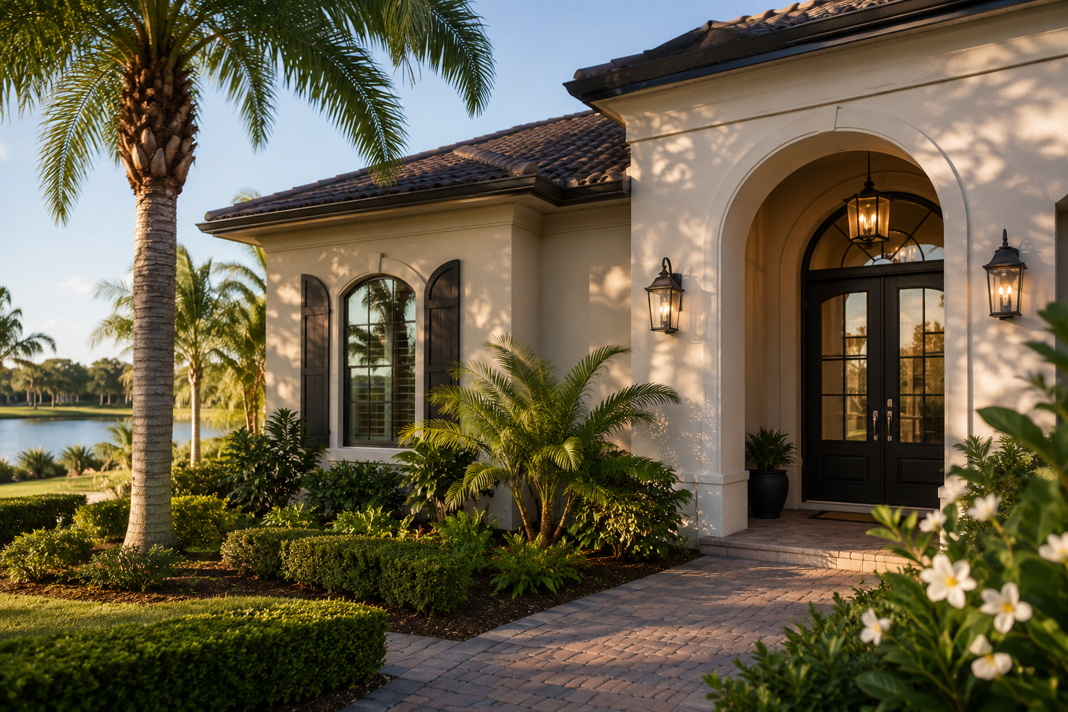 A house with black front door and outdoor lanterns surrounded by lush green plants and palm trees, overlooking a lake during sunset.