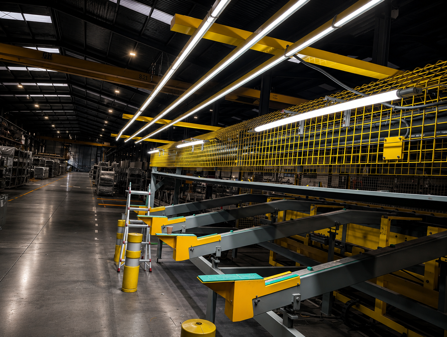 Interior de un almacén industrial con maquinaria y estantes llenos de materiales, iluminación artificial y estructura metálica con detalles en color amarillo.