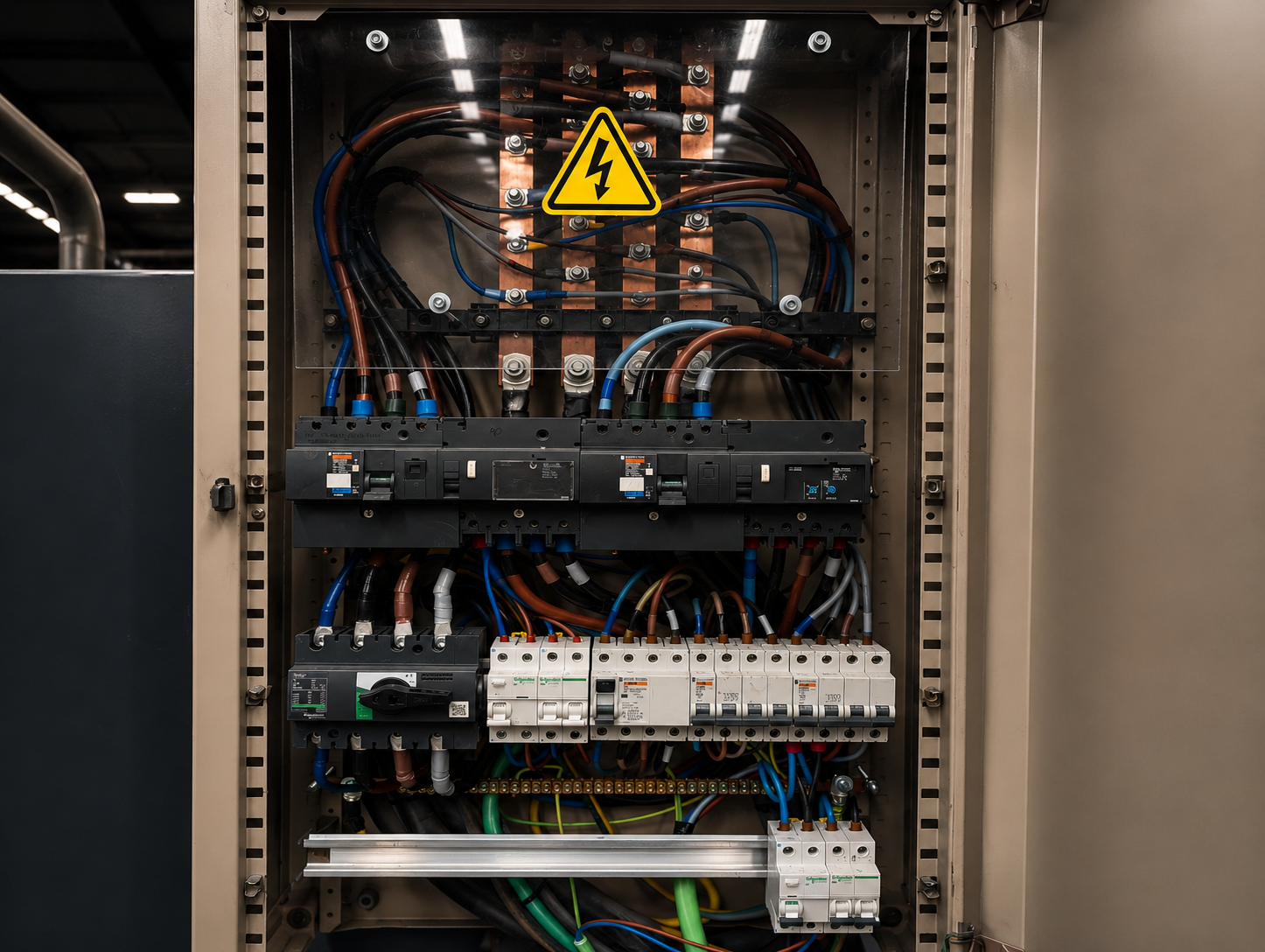 Cuadro eléctrico con cables y componentes y un símbolo de advertencia de electricidad