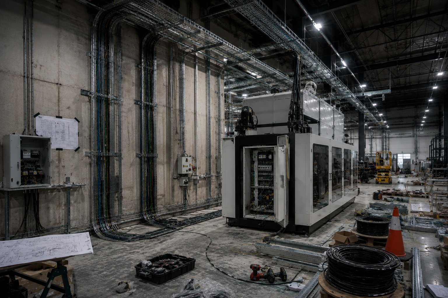 Interior de una fabrica en construcción con cables y maquinaria eléctrica en proceso de instalación