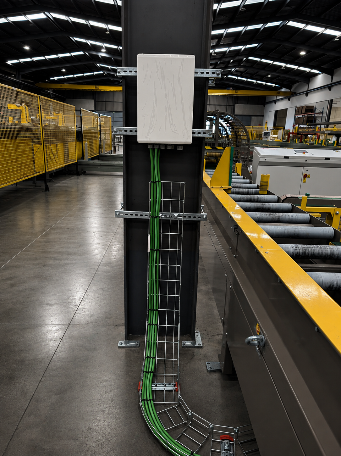 Interior de una fábrica o planta industrial con maquinaria y cables verdes organizados en un sistema de cableado. En el fondo hay una estructura metálica y equipos de producción.