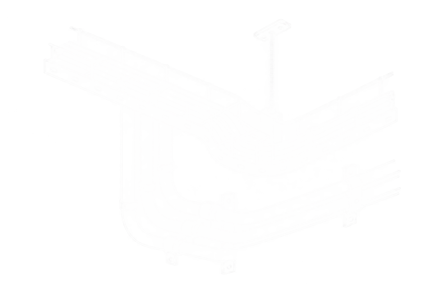 Dibujo técnico de un sistema de tuberías y estructura metálica en color blanco