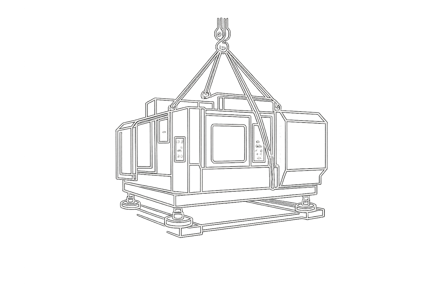 Dibujo técnico en estilo boceto de una cabina de tren elevable suspendida por cables metálicos con plataforma de base