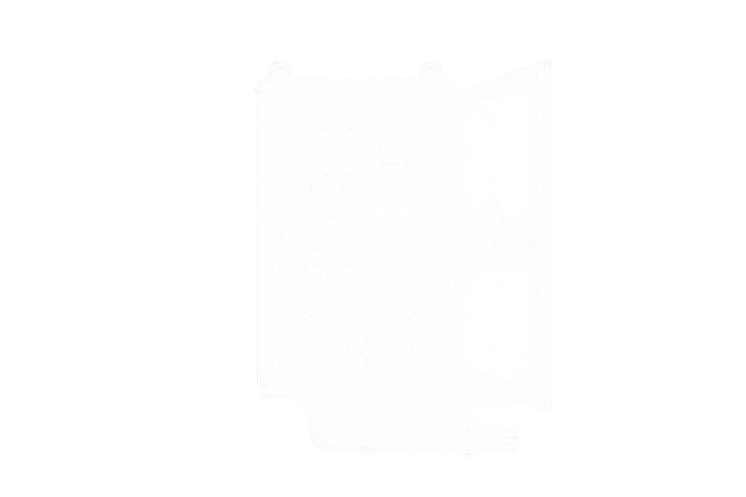 Ilustración luminosa de un cuadro de control con componentes electrónicos y cables, con una advertencia de peligro de electricidad.