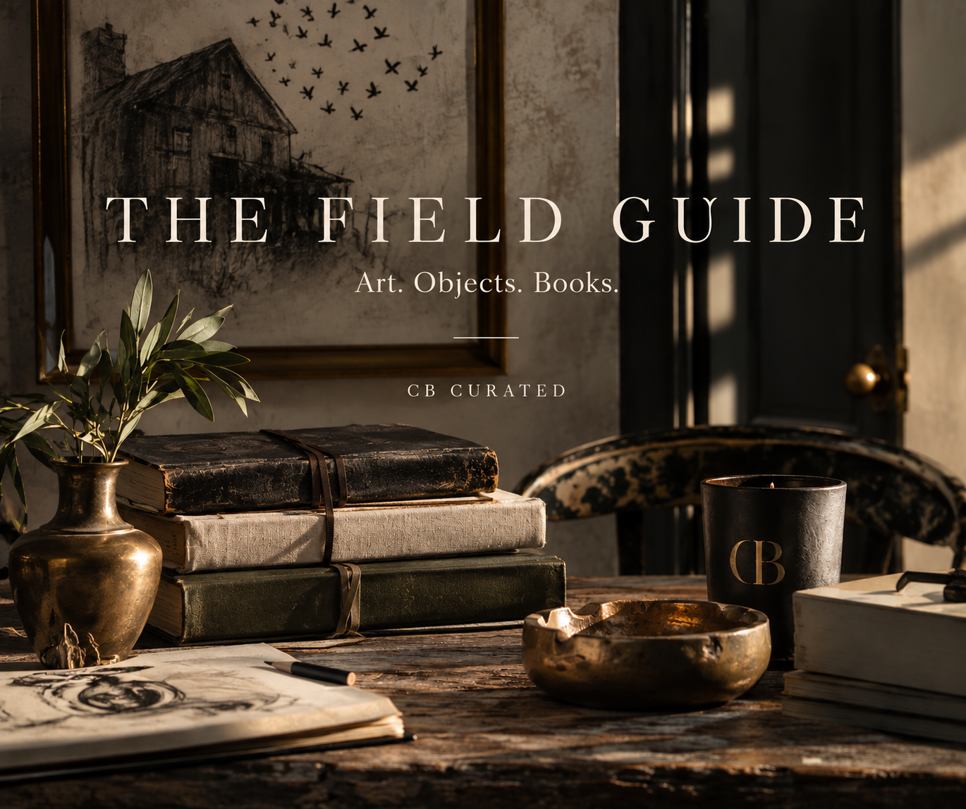 The Field Guide by CB Curated with vintage journals, art, brass objects and collected pieces in the CB Curated studio.
