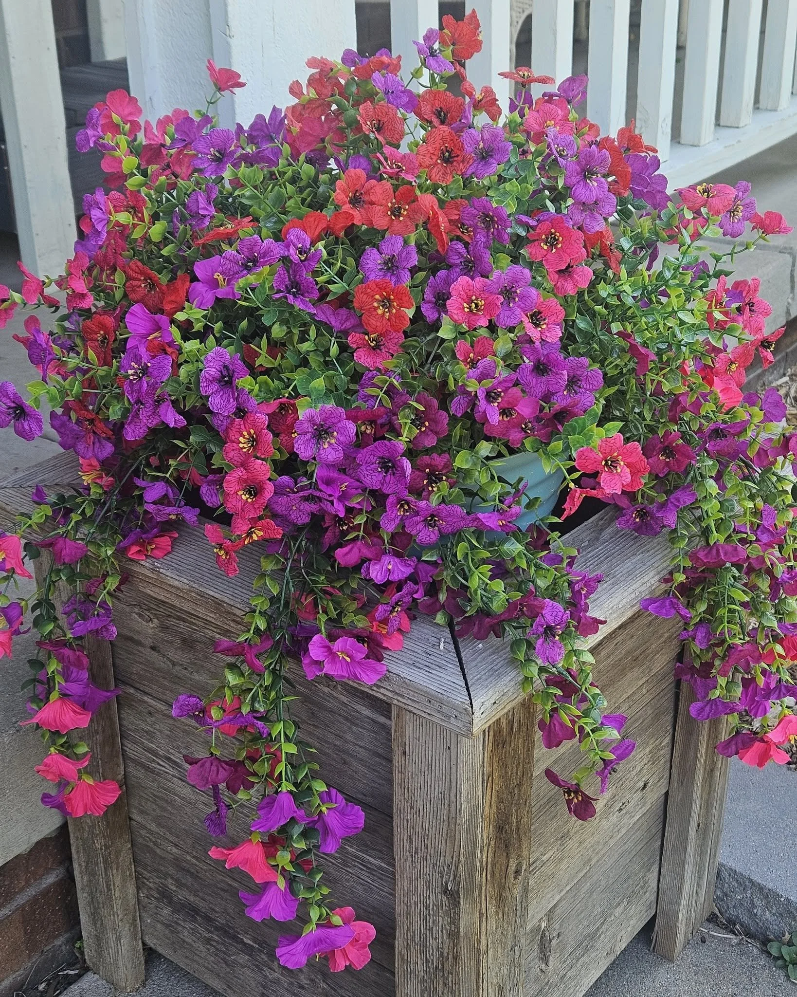 A colorful arrangement of pink, purple, and red petunias growing in a white planter box on a wooden outdoor deck.
