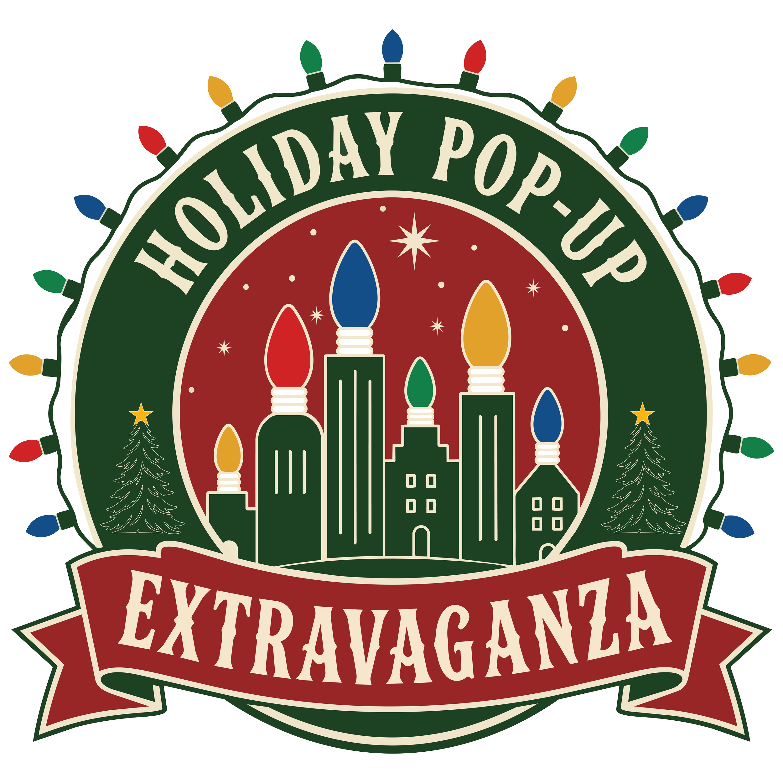 A circular holiday greeting card with the words 'Holiday Pop' at the top and 'Extraordinary' at the bottom. The card features colorful Christmas lights decorations around the edges, stars, and small trees inside the circle.