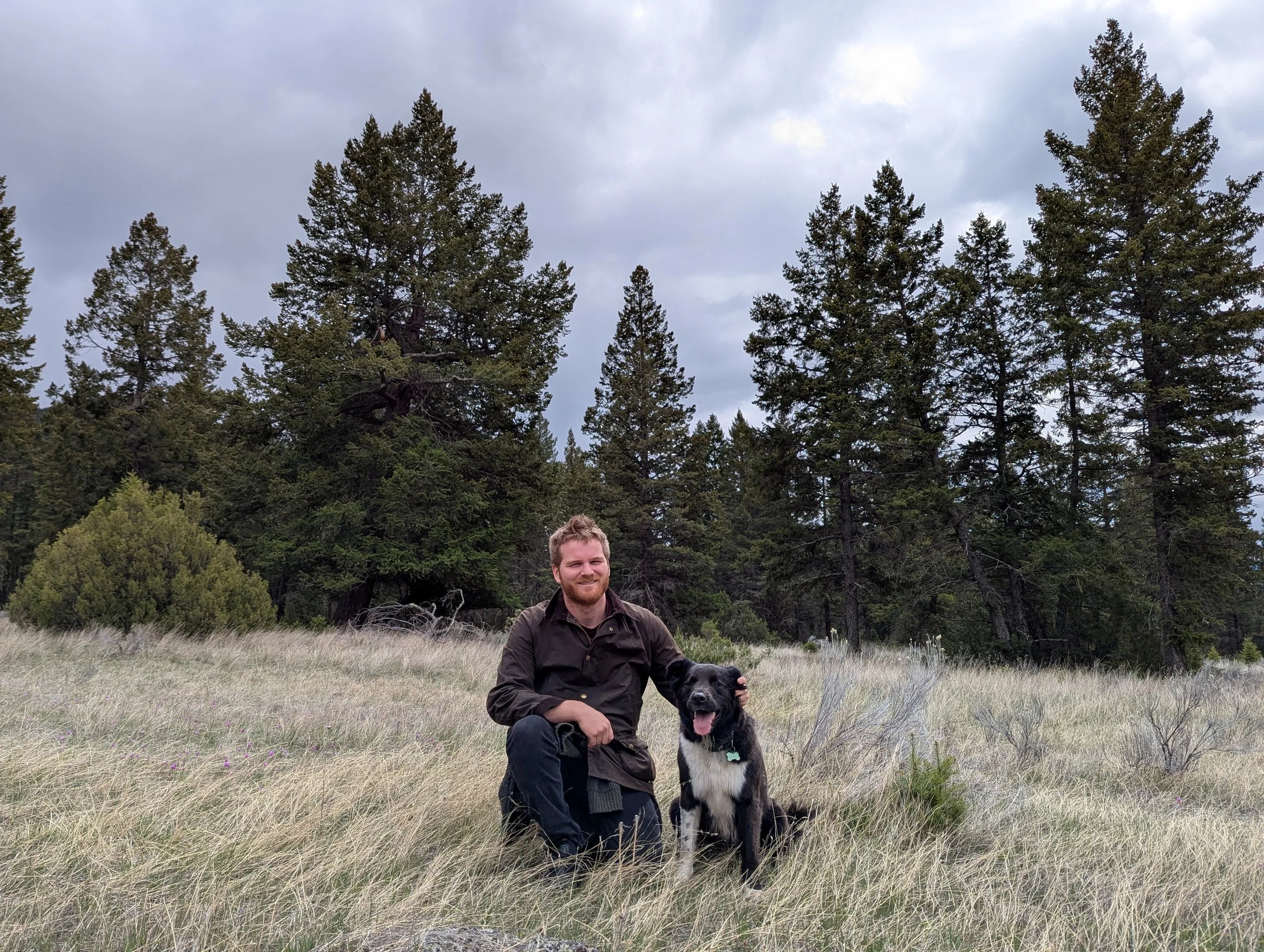A man with a short beard and light brown hair kneeling in a grassy meadow, holding a black and white dog on a leash, with tall pine trees and a cloudy sky in the background.