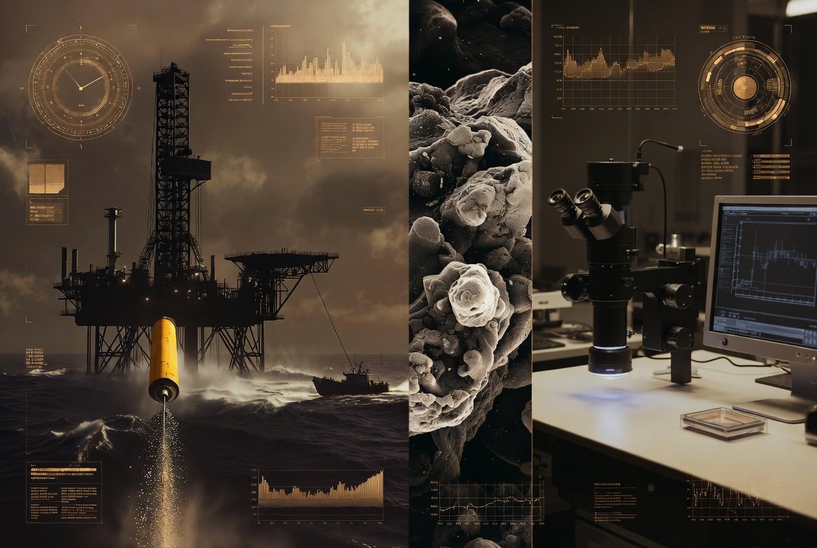 Scientific research scene showing an oil drilling platform on the ocean, surrounded by data overlays, with a focus on rocks or minerals and a microscopy setup on a computer in a laboratory.