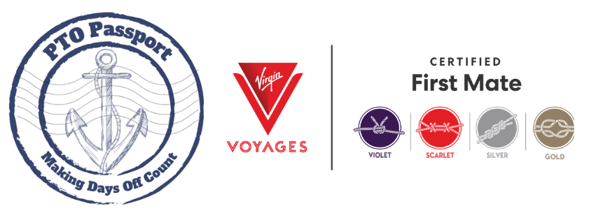 PTO Passport logo with an anchor, Virgin Voyages logo, and a certificate titled 'First Mate' with color codes violet, scarlet, silver, and gold, indicating levels of certification.