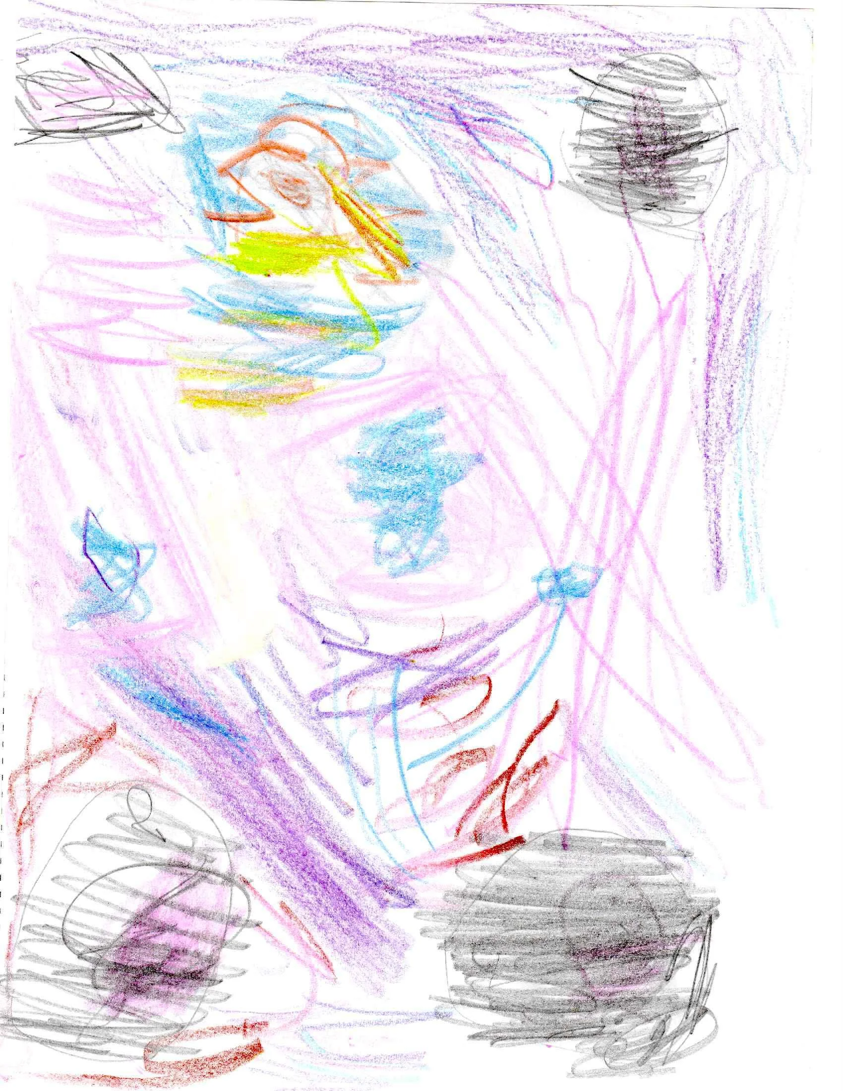 Child's colorful crayon drawing featuring a rainbow, blue, purple, red, yellow, and gray shapes and lines.