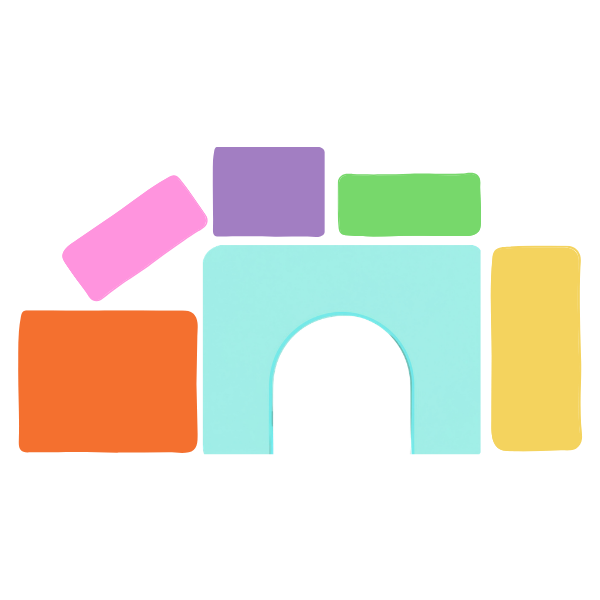 Colorful 3D geometric shapes including a purple rectangle, green rectangle, yellow rectangle, orange square, and pink square arranged in an abstract composition.