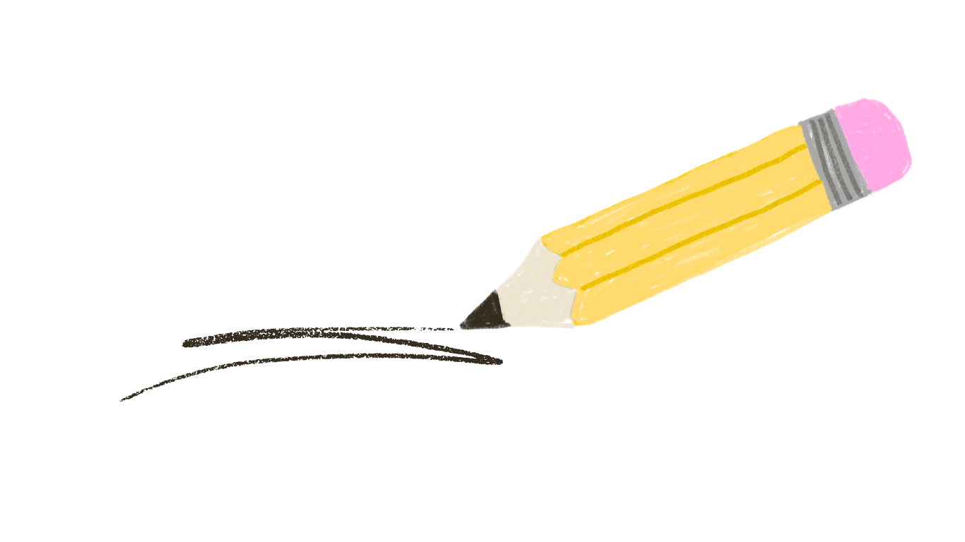 A cartoon illustration of a yellow pencil with a pink eraser writing on a black surface.