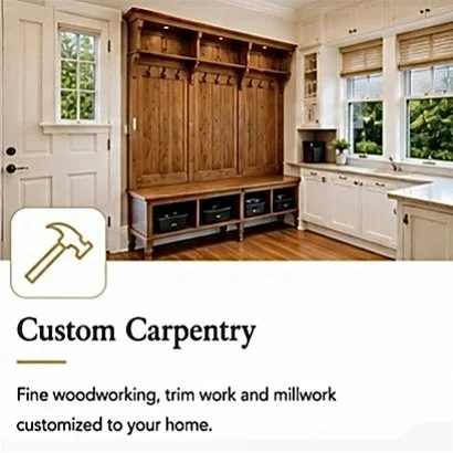A custom carpentry advertisement showing a built-in wooden mudroom with shelves, hooks, and cubbies, in a bright kitchen with windows, white cabinets, and hardwood floors.