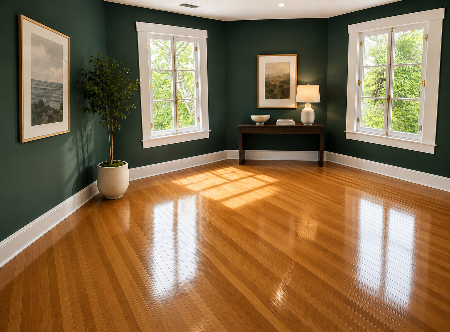 Empty room with green walls, hardwood floors, two windows with white trim, a tall potted plant, framed artwork, a side table with a lamp, bowl, and books.