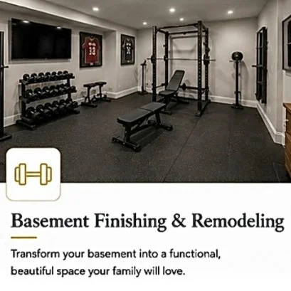 A basement gym with exercise equipment including dumbbells, a weight bench, a squat rack, and a treadmill, with sports jerseys hanging on the wall.