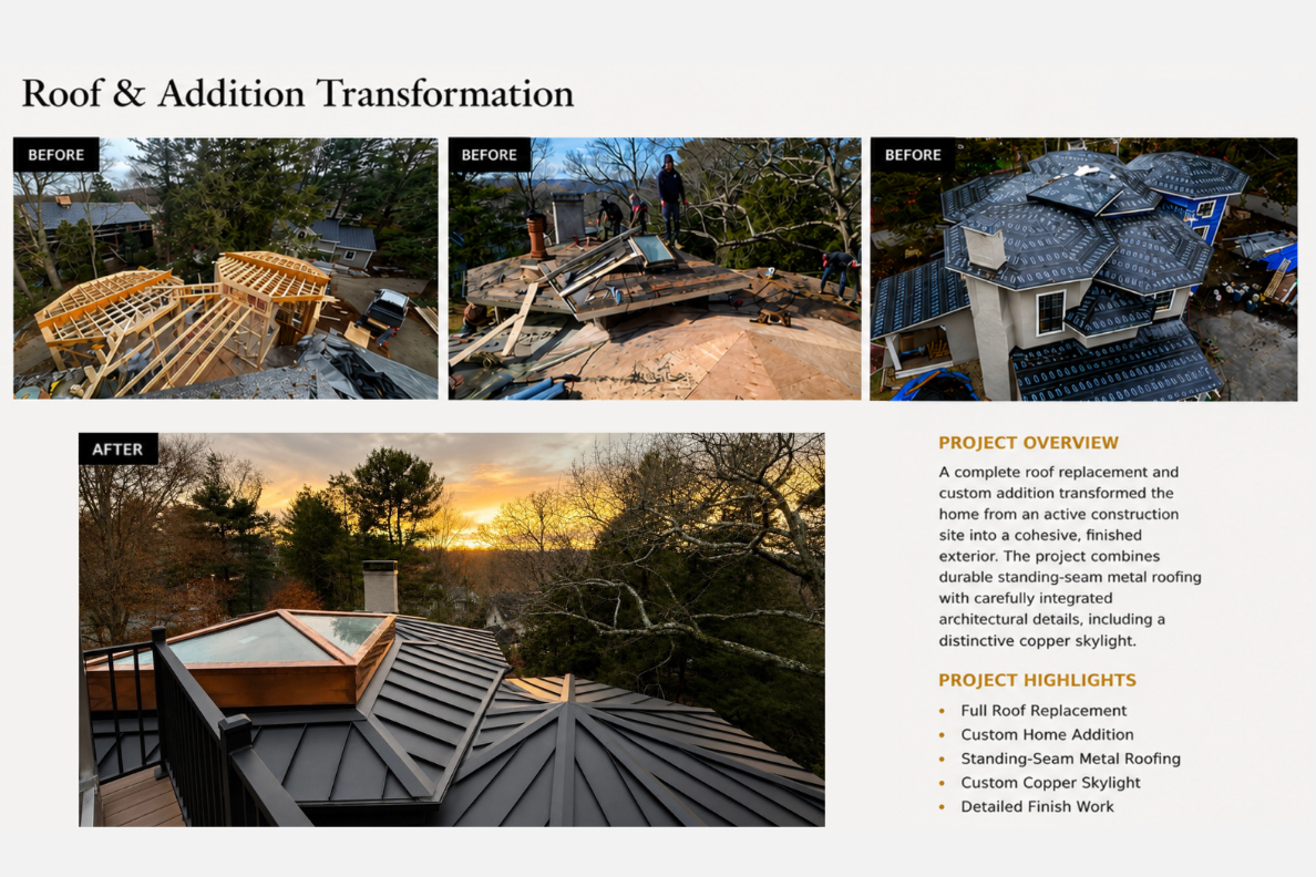 Before and after photos of a house roof renovation showcasing the roof's transformation from construction to completed metal roof with copper skylight at sunset.