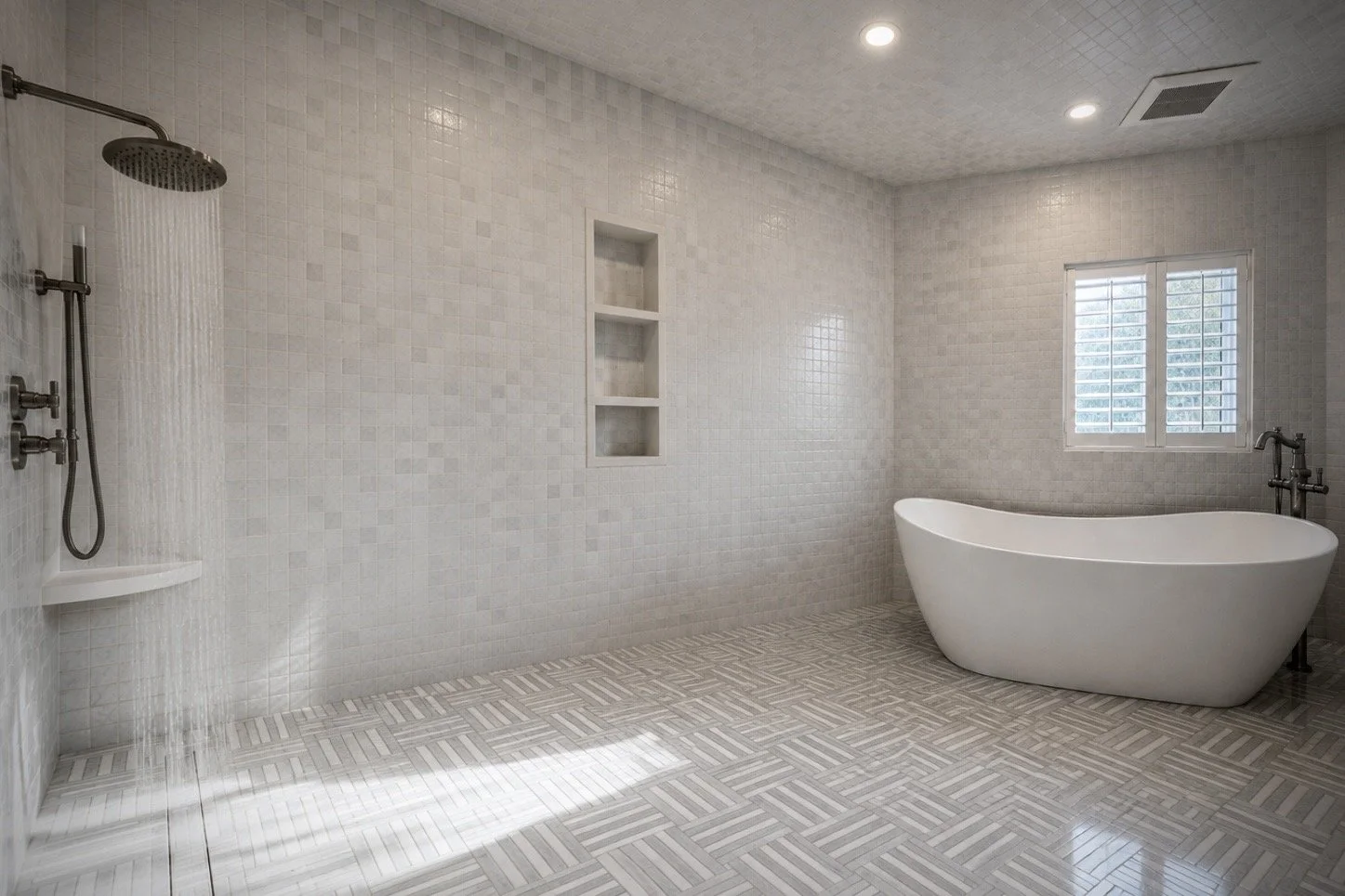 Modern bathroom with white tiled walls and floor, a freestanding bathtub near a window with shutters, and a walk-in shower with a rainfall showerhead.