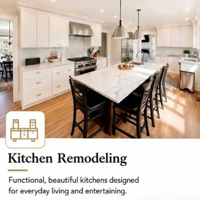 Modern kitchen with white cabinets, a large marble island with black chairs, stainless steel appliances, hardwood floors, and abundant natural light.