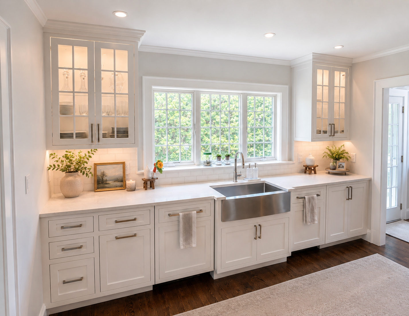 Bright kitchen with white cabinets, a large window above the sink, and decorative items on the countertops.