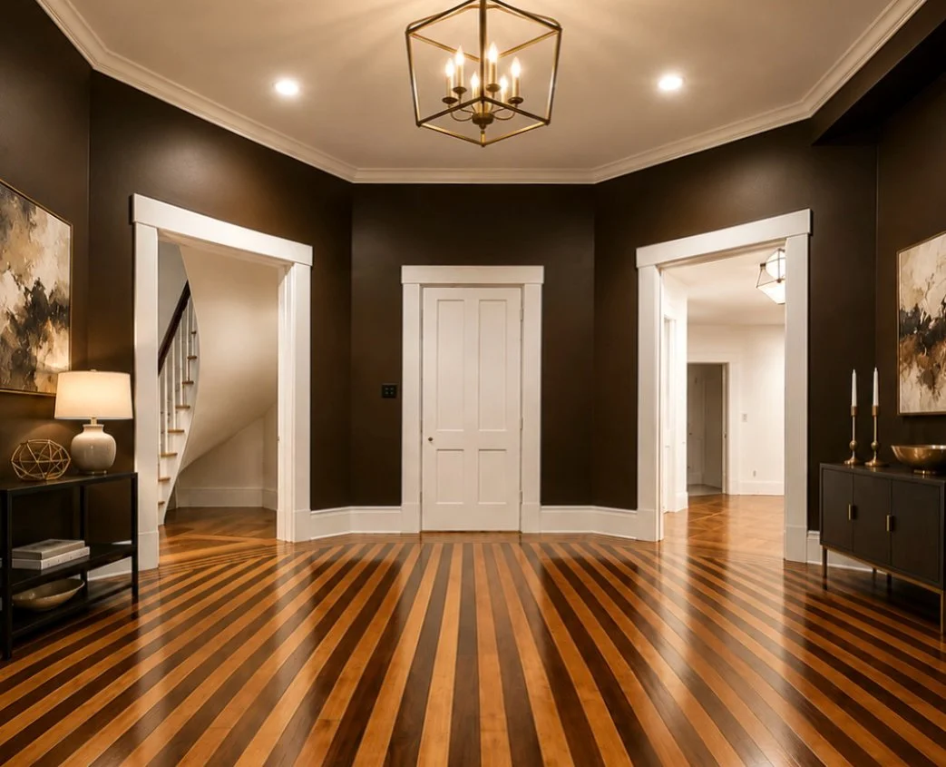 Elegant entryway with dark walls, white trim, hardwood floors, and modern lighting fixtures.