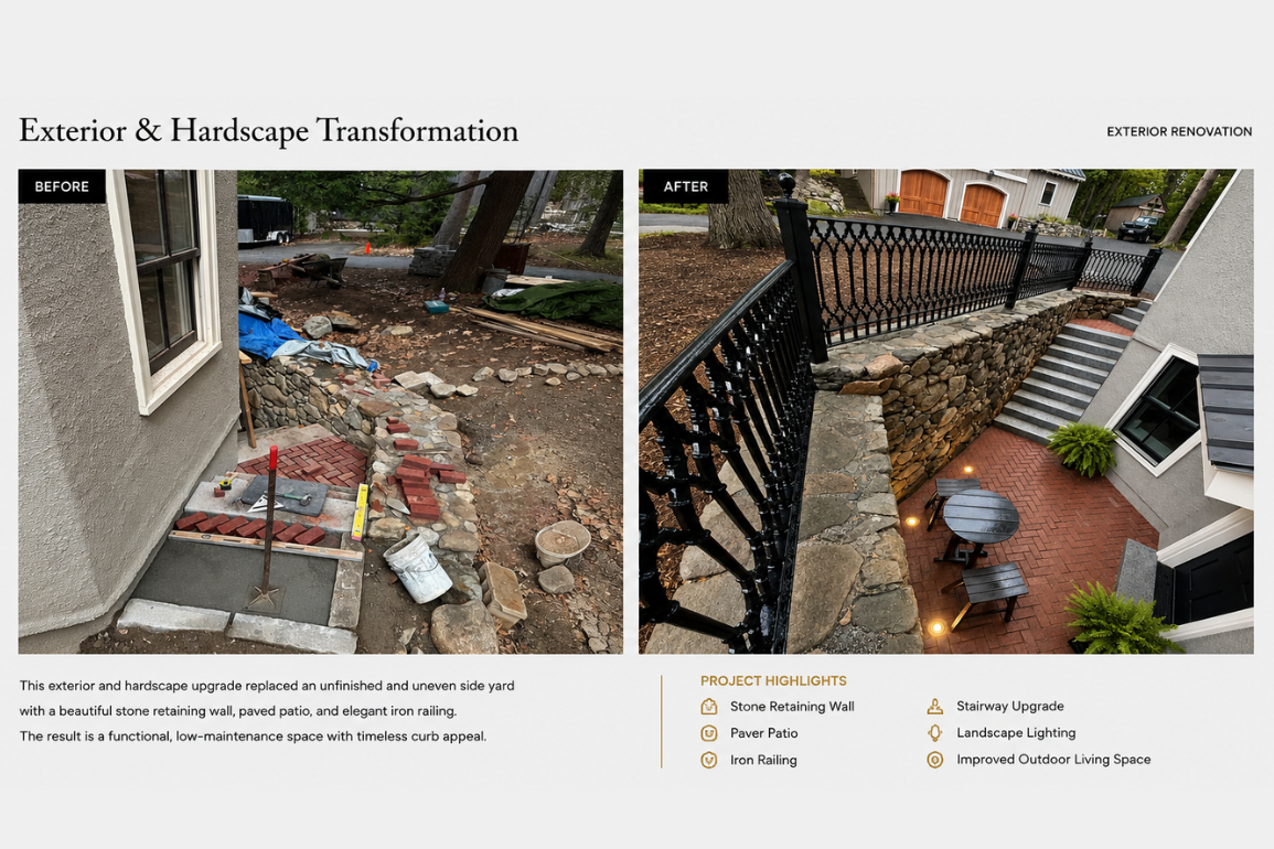Comparison of a backyard before and after renovation showing stone retaining wall, paved patio, iron railing, and landscape lighting.