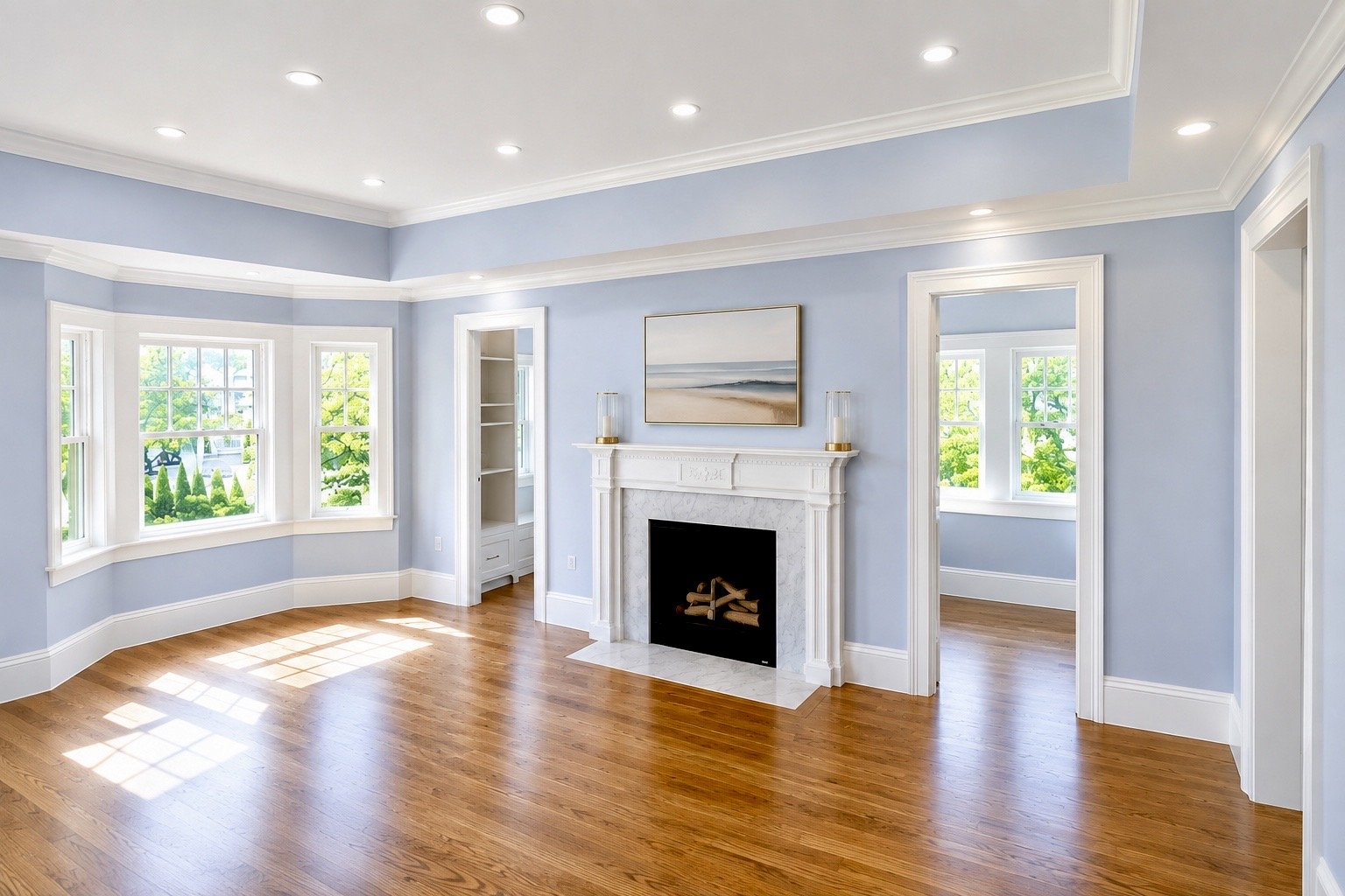 Bright living room with light blue walls, white trim, hardwood floors, fireplace with white marble surround, and three large windows showing greenery outside.