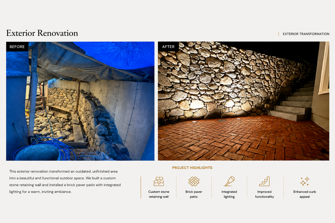 Comparison of a house exterior before and after renovation showing a stone retaining wall and brick paver patio, with icons and text describing project highlights like integrated lighting and enhanced curb appeal.