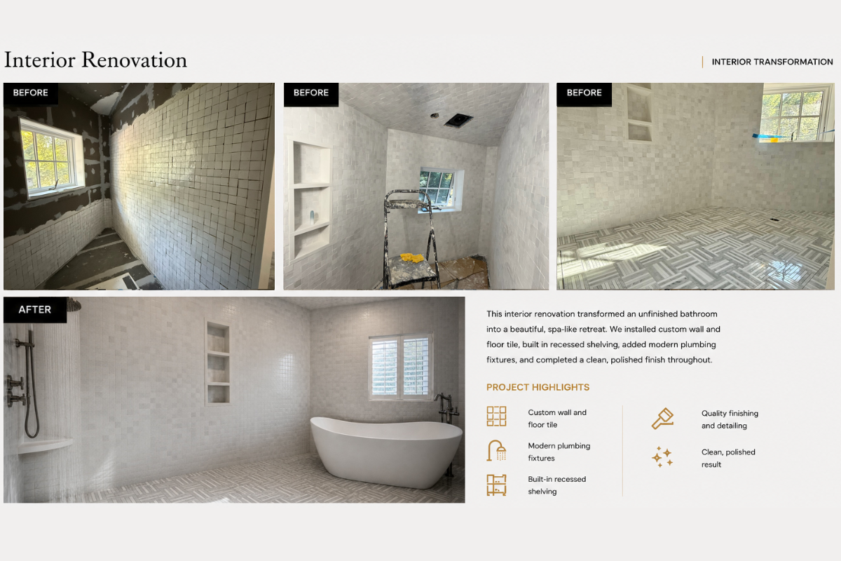 Before and after images of a bathroom renovation, showing the transformation from unfinished to finished with custom wall and floor tile, modern plumbing fixtures, and built-in shelving.