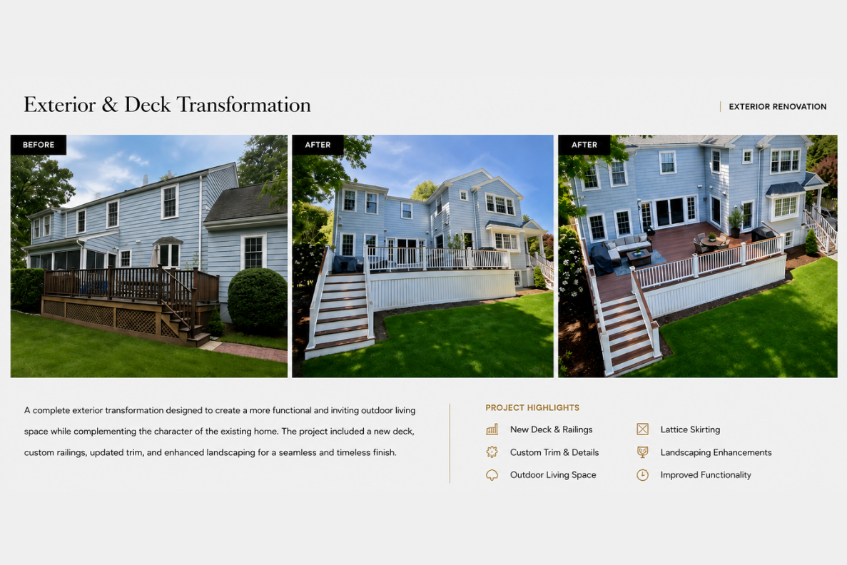 Comparison of a house exterior before and after renovation showing a new deck, railings, and landscaping enhancements.