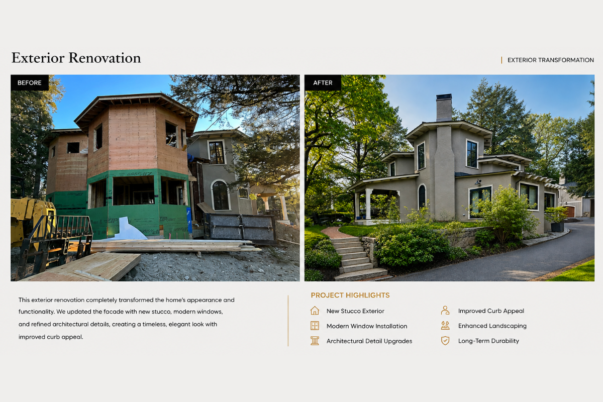 Side-by-side comparison of a house before and after exterior renovation. The 'before' shows a house under construction with unfinished brickwork and construction materials. The 'after' shows a fully finished house with a stucco exterior, windows, and landscaping.